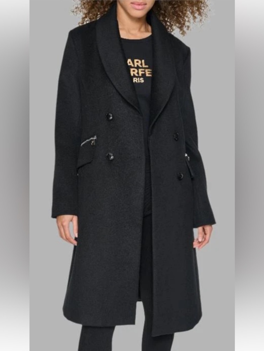 Karl Lagerfeld Beige Wool Blend Double Breasted Pea Coat  Zipper Flap Pockets XS